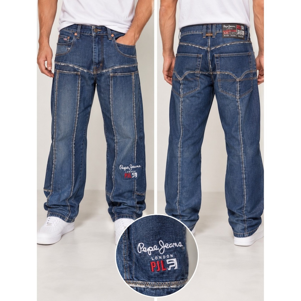 Pepe Jeans Vtg Baggy Wide Leg Jeans Mens W34/32 Dark Wash Y2K Embroidered Denim